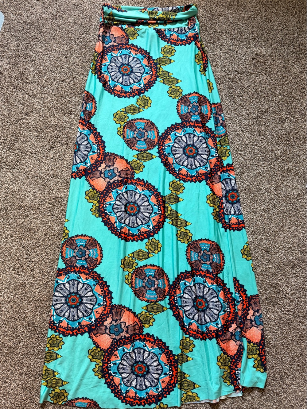 Turquoise Printed Maxi Skirt with Bold Medallion Pattern